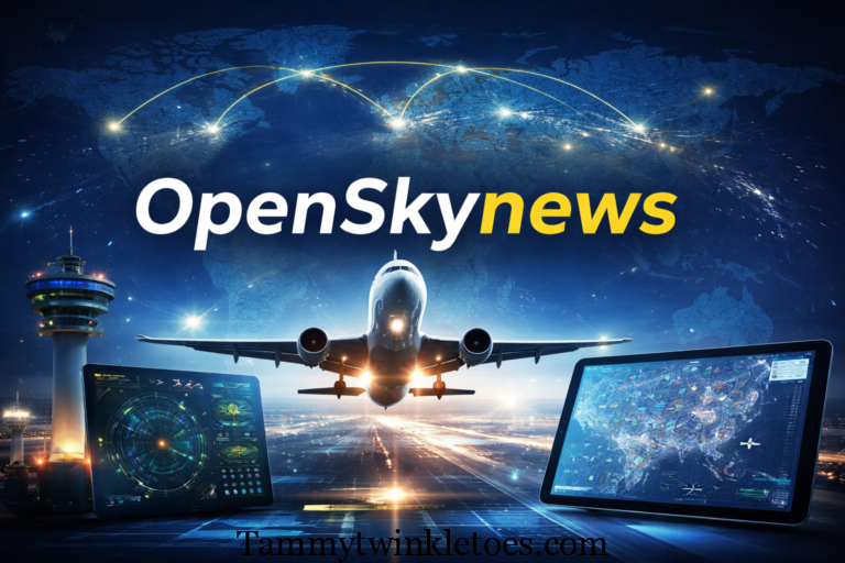 Openskynews aviation technology concept showing aircraft, radar monitoring screens, and global flight tracking network.