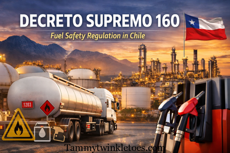 Illustration of fuel storage tanks, tanker truck, refinery infrastructure, and gas pump representing Chile’s Decreto Supremo 160 liquid fuel safety regulation.