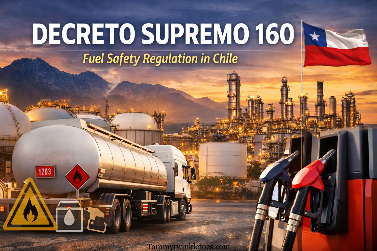 Illustration of fuel storage tanks, tanker truck, refinery infrastructure, and gas pump representing Chile’s Decreto Supremo 160 liquid fuel safety regulation.