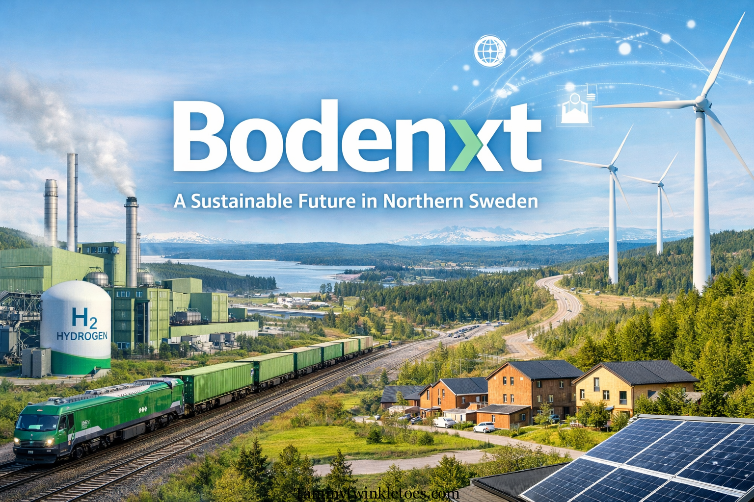 Bodenxt sustainable industrial development in Boden Sweden with wind turbines hydrogen energy plant and modern eco-friendly housing