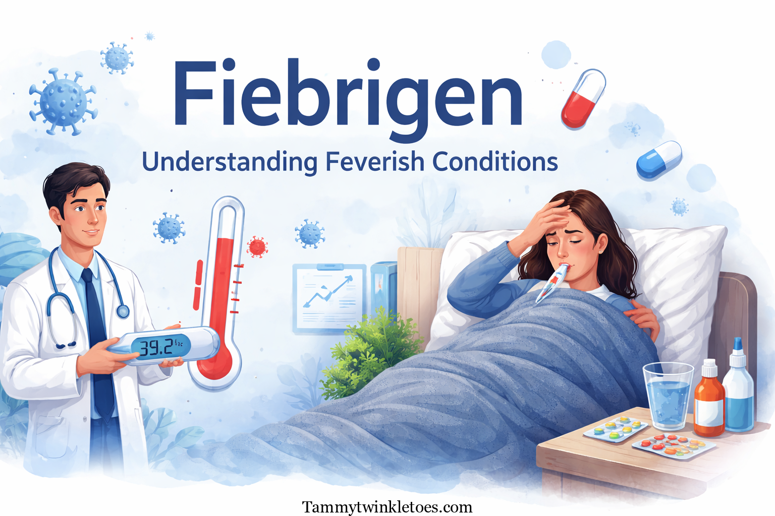 Fiebrigen concept showing a feverish patient in bed and a doctor checking body temperature
