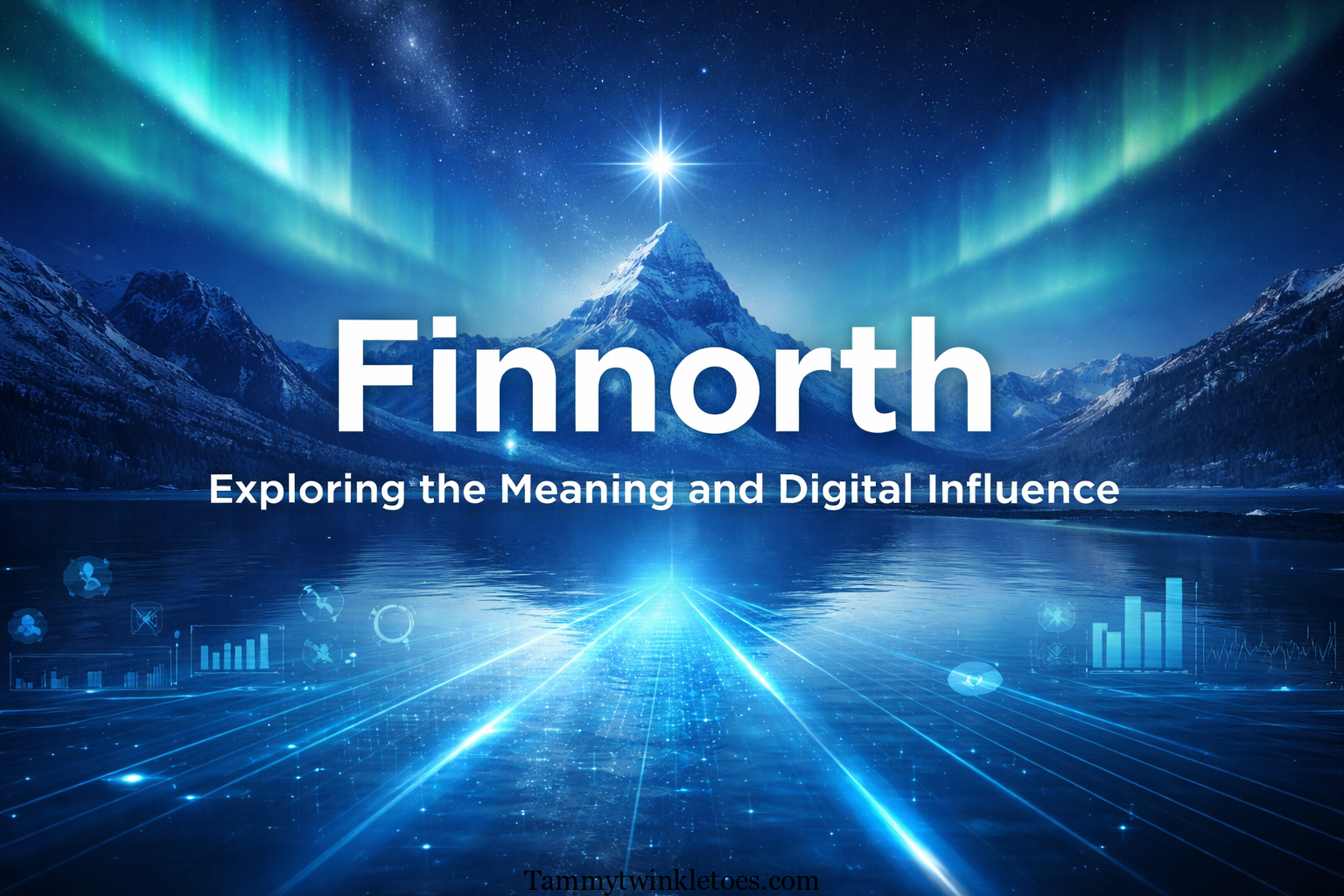 Finnorth concept illustration showing northern lights, mountains, and digital technology elements representing innovation and strategic direction.