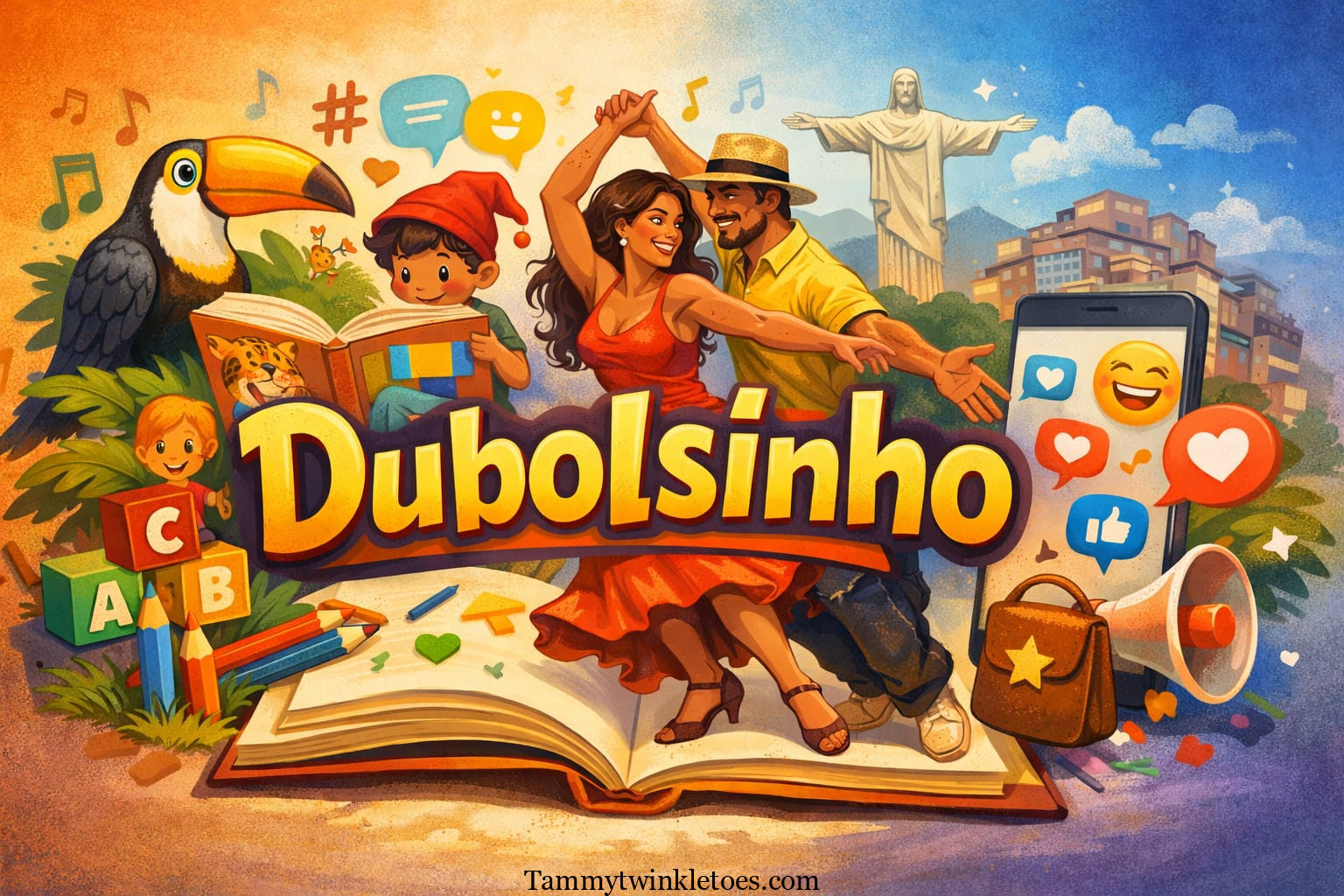 Colorful illustration representing Dubolsinho with Brazilian folklore, dance, books, and social media icons