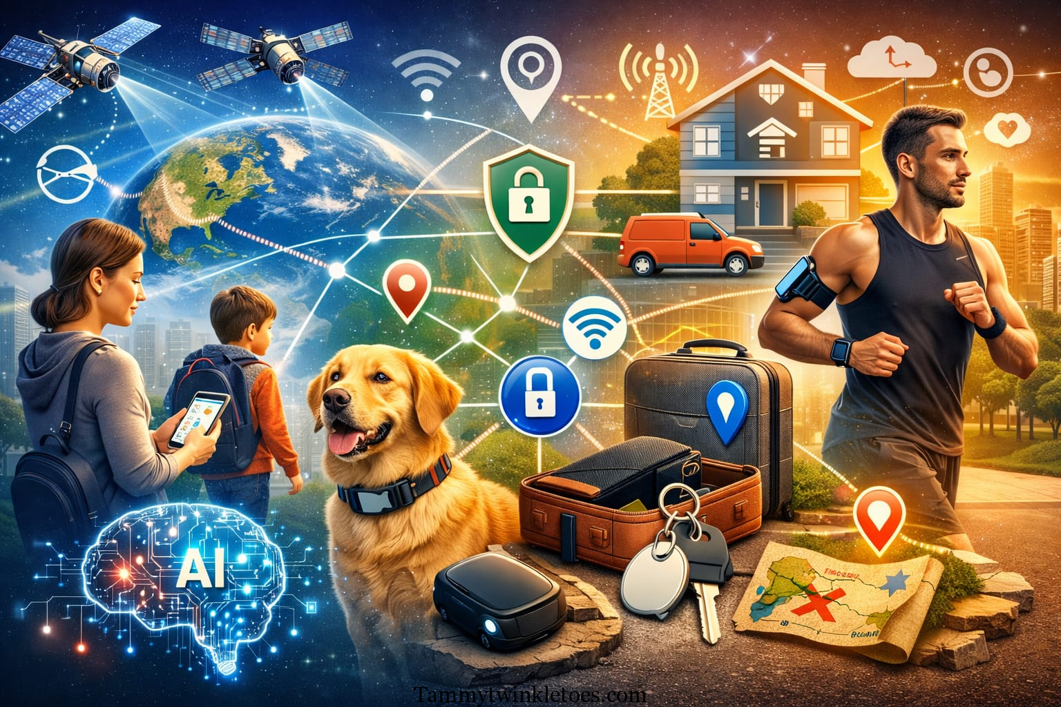 Illustration of tracqueur devices tracking pets, people, vehicles, and luggage using GPS, Bluetooth, and mobile apps in a tech-savvy environment.