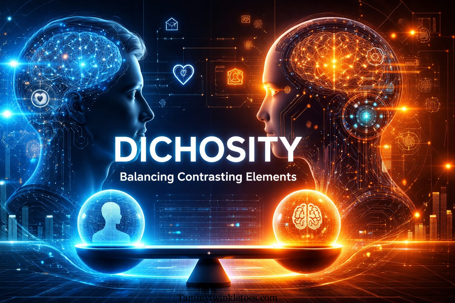 Illustration showing dichosity with human brain and AI circuits balancing contrasting elements in technology and cognition.