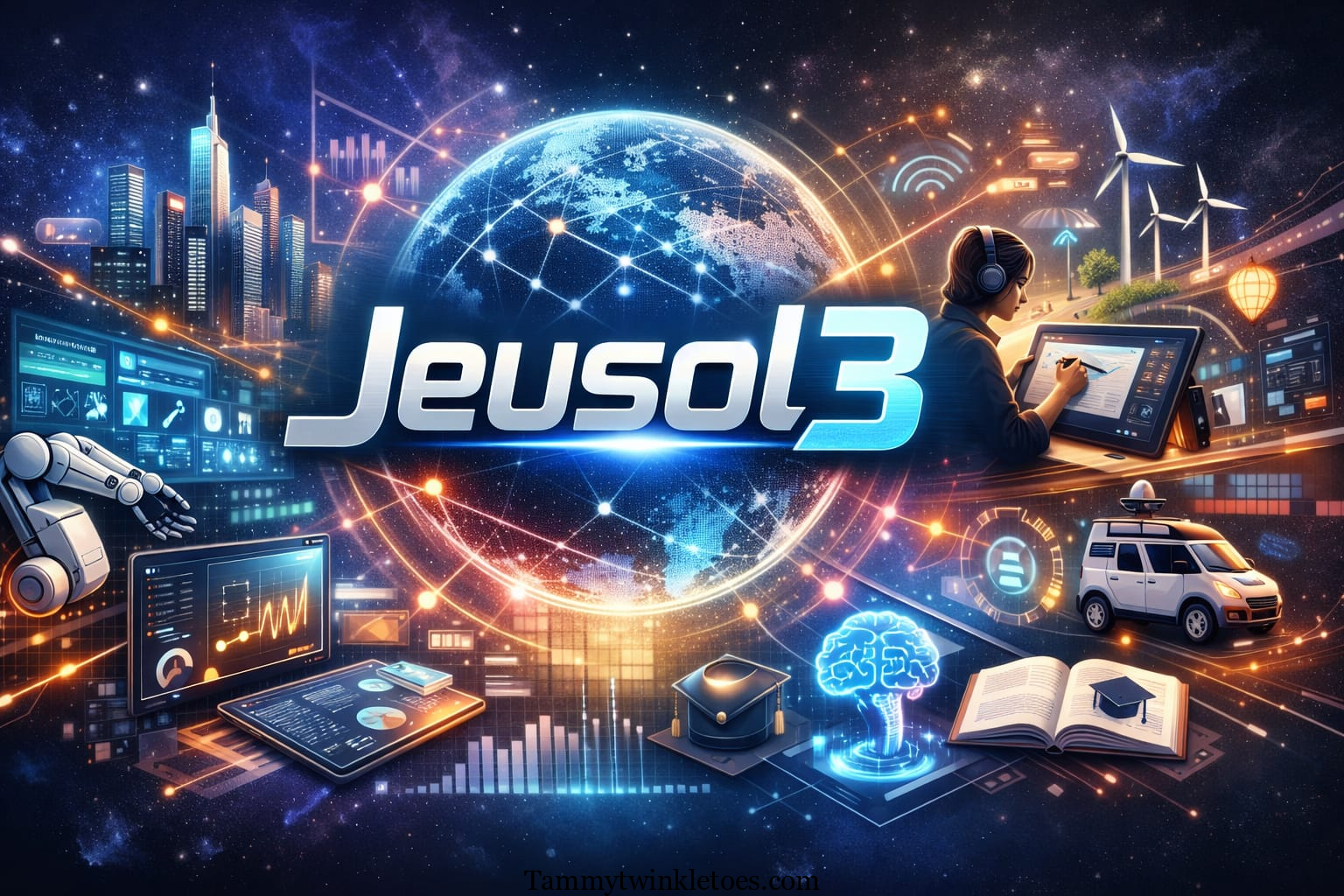 Futuristic digital illustration of Jeusol3 showcasing AI, IoT, smart cities, analytics, creative tools, and digital innovation in 2026