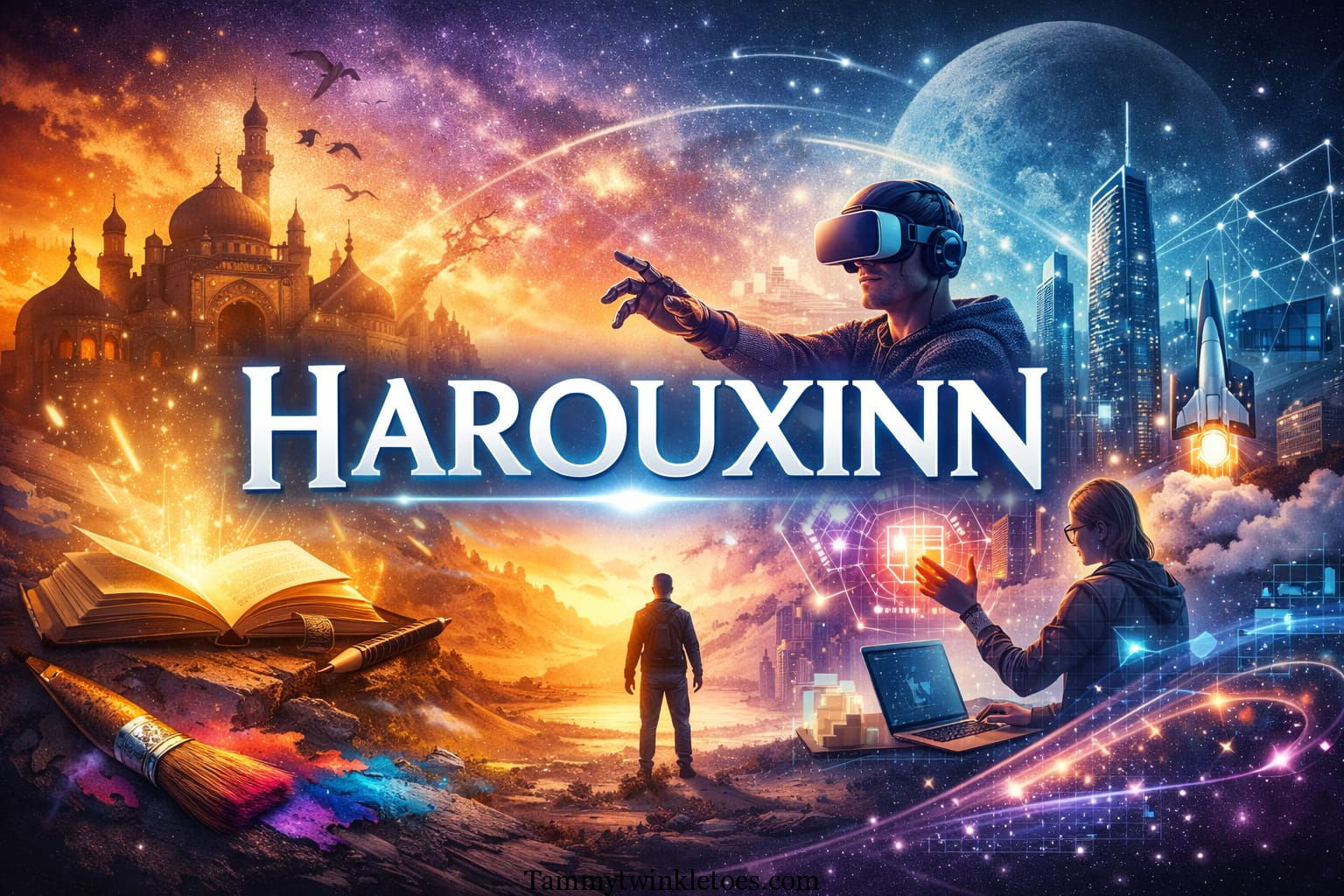 Illustration representing Harouxinn concept combining storytelling, digital creativity, technology, and cultural heritage.