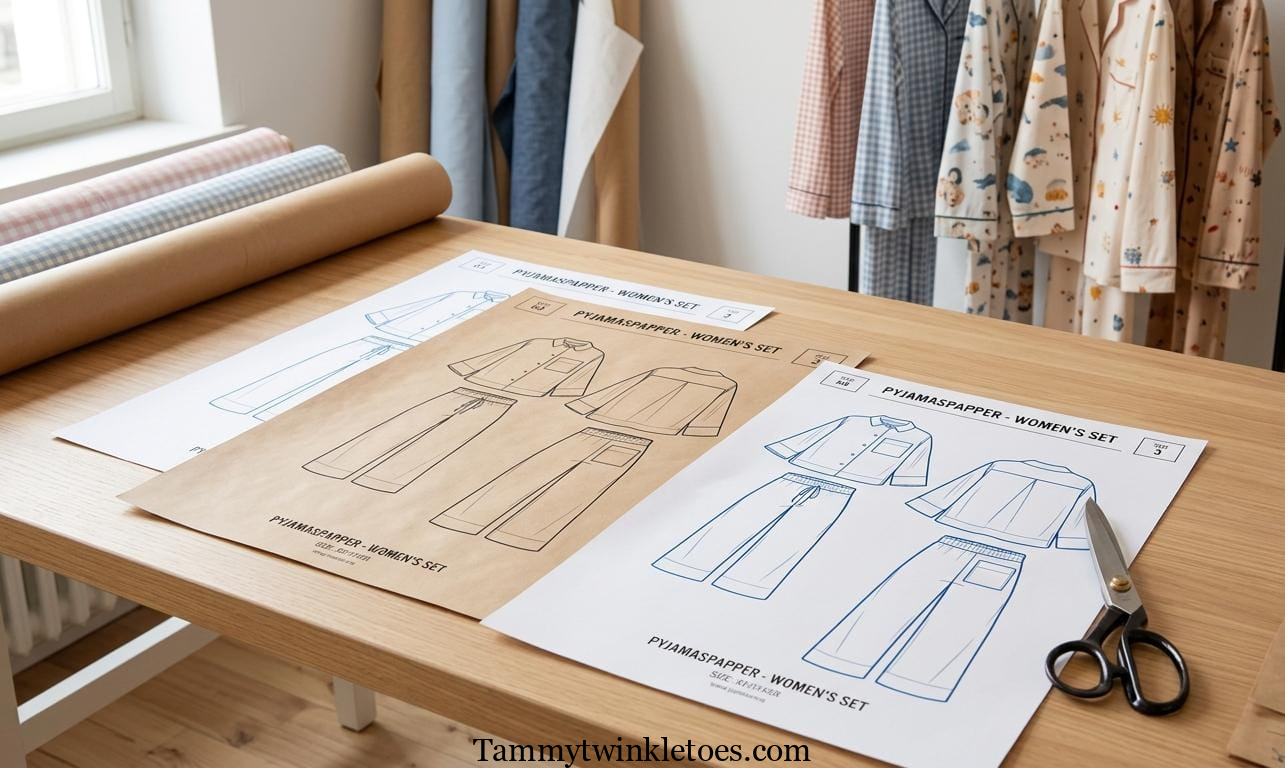 Colourful pyjamaspapper sheets, crafting tools, and a tablet displaying digital designs arranged on a workspace, showcasing DIY, digital, and home décor ideas.