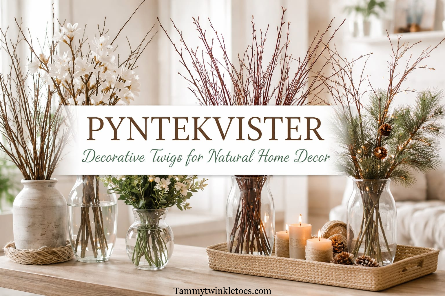 Pyntekvister decorative twigs in glass and ceramic vases on a wooden table, including birch, magnolia, willow, and evergreen branches.