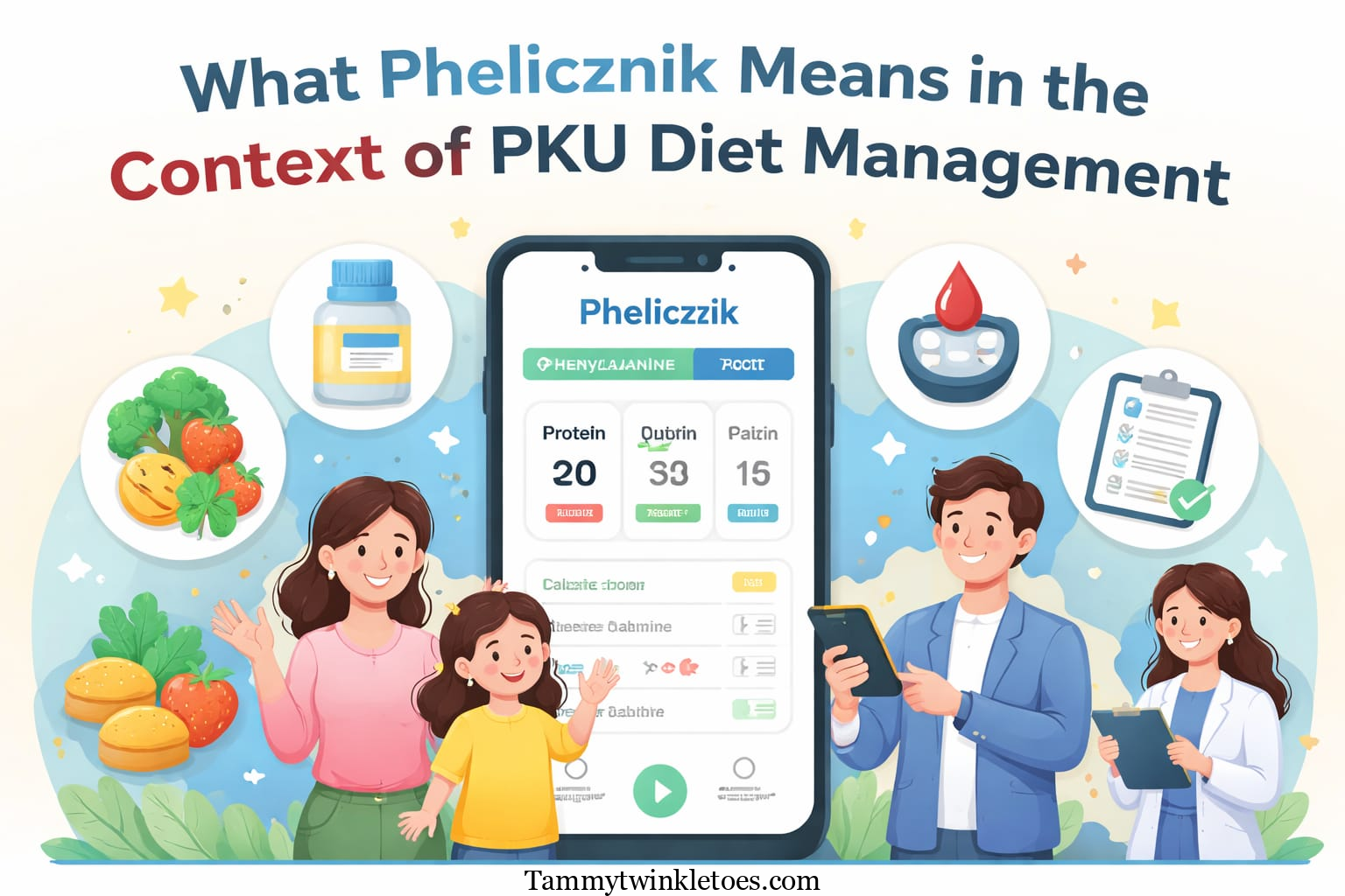 Illustration of a family using the Phelicznik app to track PKU diet, showing protein, phenylalanine, and energy intake with clinicians